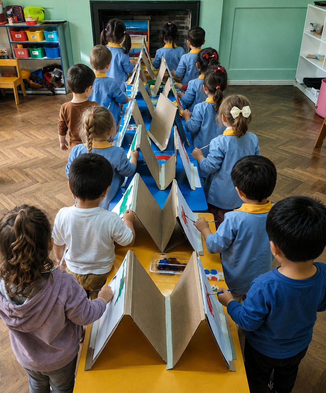 Niños pintando en atriles durante un taller de arte.
